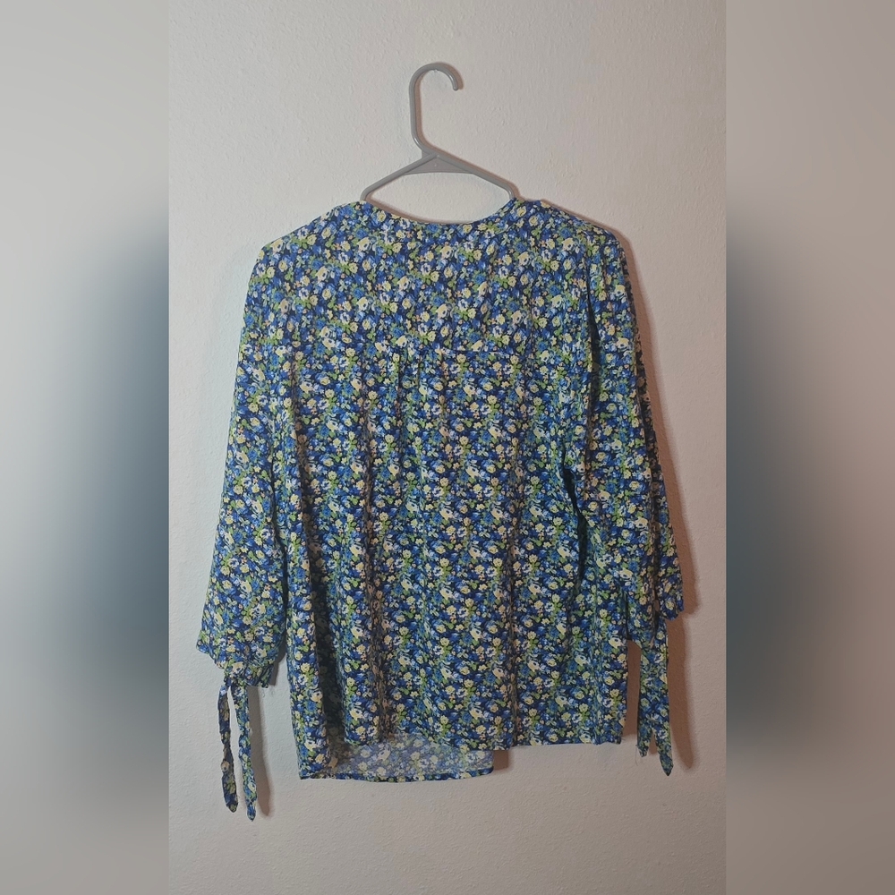 Jones New York Floral Blouse Blue Green Tie Sleeve Sheer Work Boho Top 1X - Picture 3 of 5
